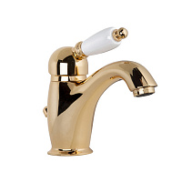 Gattoni Orta Смеситель для раковины с низким изливом, с белой ручкой, с донным клапаном, цвет: золото 24кт
