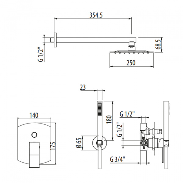 Gattoni ELY Комплект для душа со смесителем, верхним душем 250х250мм и ручной лейкой, цвет: хром