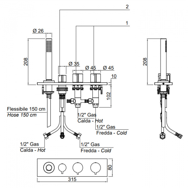 Antonio Lupi Bikappa Смеситель на борт ванны, на 4 отв., цвет: хром
