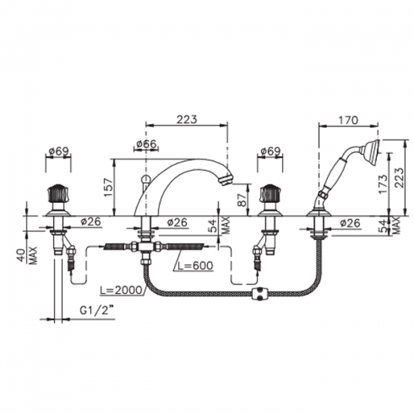 Nicolazzi Onice Смеситель на борт ванны, 4 отв., излив: 223 мм, с ручным душем, цвет:хром