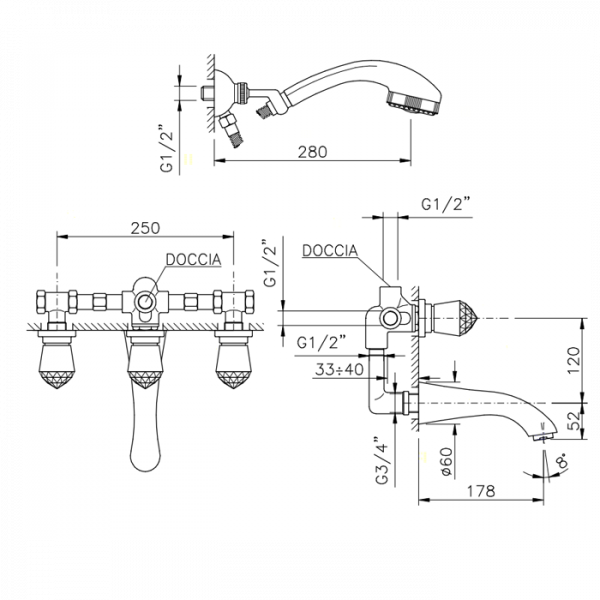 Nicolazzi Cristallo Смеситель для ванны, с душевой лейкой, излив: 178мм, цвет: хром