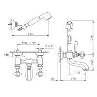 Nicolazzi Teide Смеситель для ванны с душем duplex настенный на 3 отверствия, излив: 178 мм, ручки Crystal handle, цвет: хром