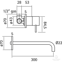 HUBER Lynox Смеситель для раковины на 2 отверстия из стены, излив 300мм, нержавеющая сталь