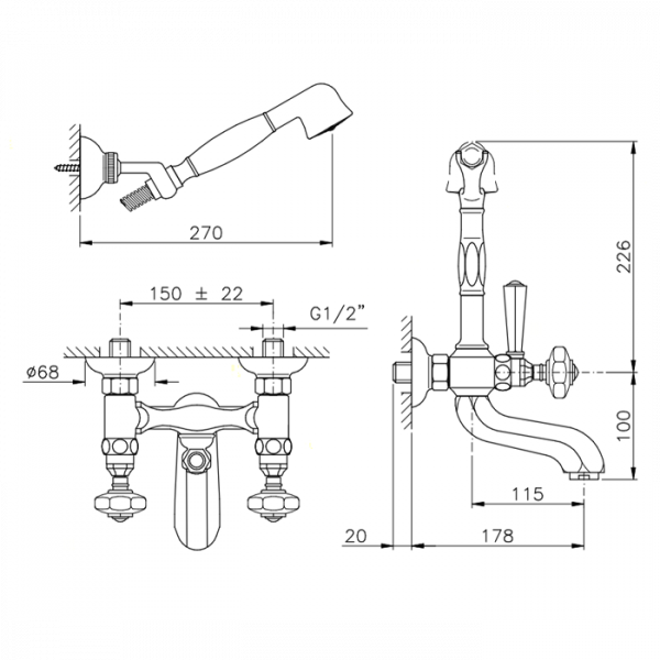 Nicolazzi Teide Смеситель для ванны с душем duplex настенный на 3 отверствия, излив: 178 мм, ручки Crystal handle, цвет: хром