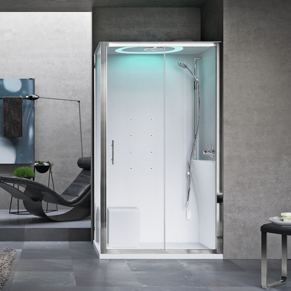Novellini Eon Душевая кабина 120х80х221см, Dx, термостатический смеситель, турецкая баня, гидромассаж, верхний душ, LED подсветка, стекло, цвет: хром/белый глянец