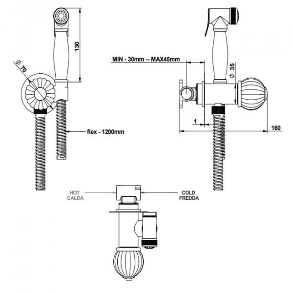 Bongio Rivoli Комплект гигиенический с миксером, цвет: золото/хрусталь