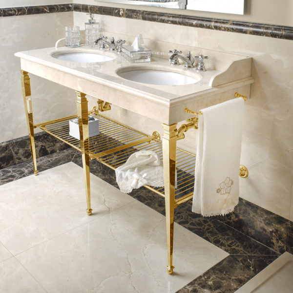 3SC Consolle Консоль Regale Double 163х60хh77см, с 2 раковинами, сифонами, полочкой и полотенцедердателями, цвет: золото 24к. Lucido