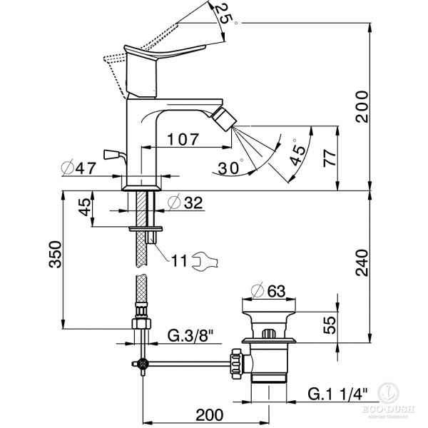 HUBER Harlock Смеситель однорычажный для биде на 1 отверстие с донным клапаном, цвет:  хром/черный матовый,