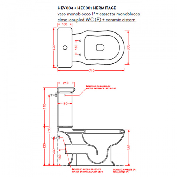 Artceram Hermitage Унитаз напольный 71х36хh38,5см, (чаша моноблока), слив в стену, с крепежом, цвет: черный глянцевый