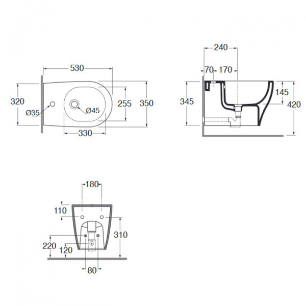 Azzurra Pratica Биде подвесное 52.5х35х34.5см., с 1 отв., цвет: белый
