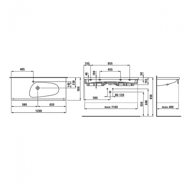 Laufen Palomba Раковина 120х50х4 см, без отв., полка слева, цвет: белый