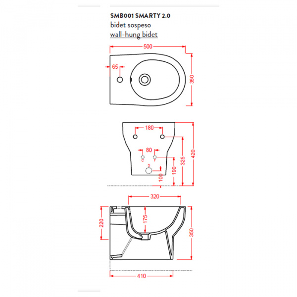 ARTCERAM/HIDRA SMARTY Биде подвесное  35х50 см, без крепежа, с 1 отв под смеситель, цвет: белый