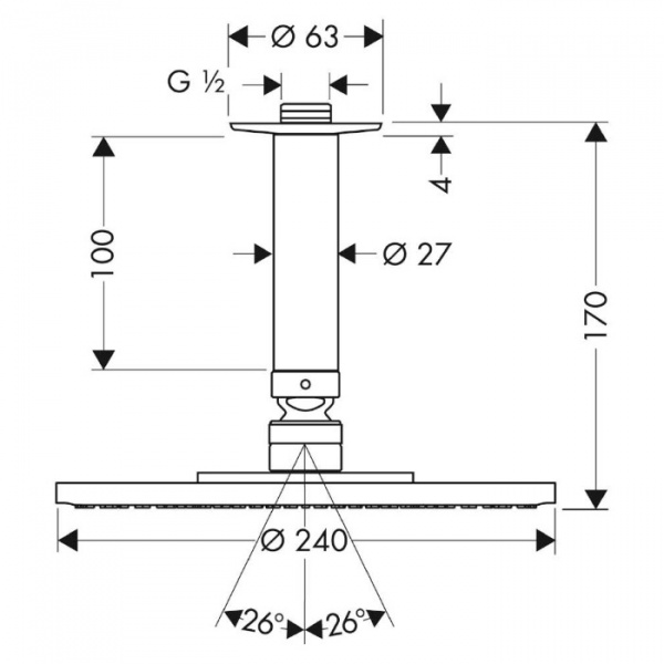 Hansgrohe Raindance Air Верхний душ, с потолочным подсоединением, экстра широкая душевая струя, с технологией AIR, защита от загрязнений QuickClean, с потолочным подсоединением 100 мм, с защитой от люфта, цвет: хром