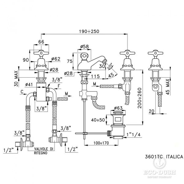 Stella Italica Смеситель для биде на 3 отверстия 3601TC, с донным клапаном, цвет: хром