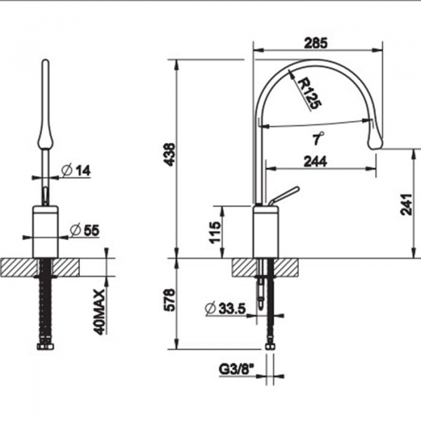 Gessi Goccia Смеситель для раковины на 1 отверстие, высокий, излив 244мм R=125, с фиксированным носиком, цвет: хром
