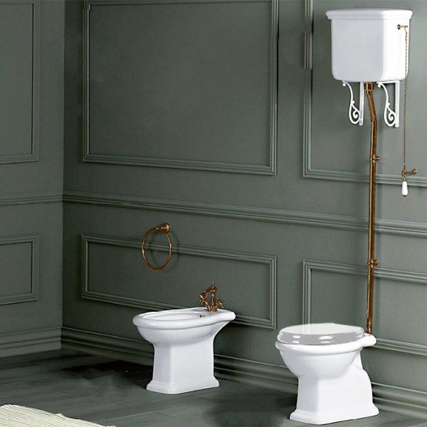 SIMAS Lante Унитаз напольный, выпуск в стену, 38,5х58см, с высоким бачком, с фурнитурой, цвет: белый/бронза, СИДЕНЬЕ НА ВЫБОР