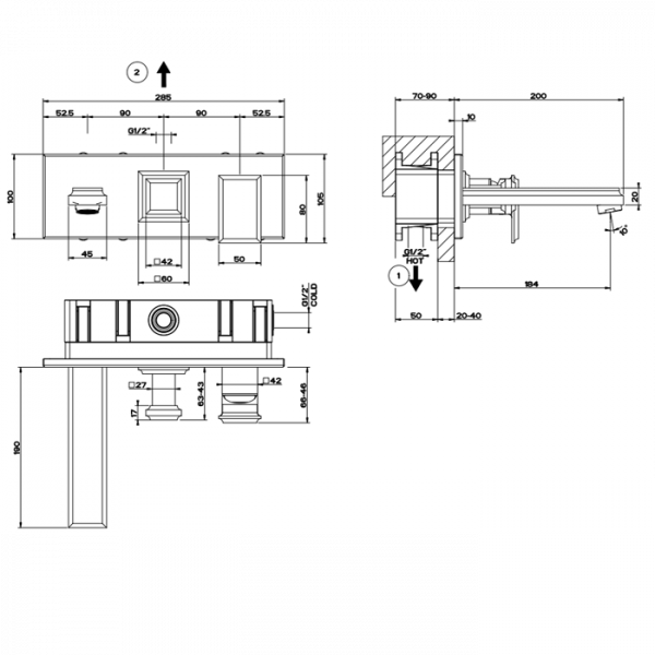 Gessi Eleganza Встраиваемый смеситель для ванны на 2 выхода, с изливом и переключателем, внешняя часть, цвет: хром