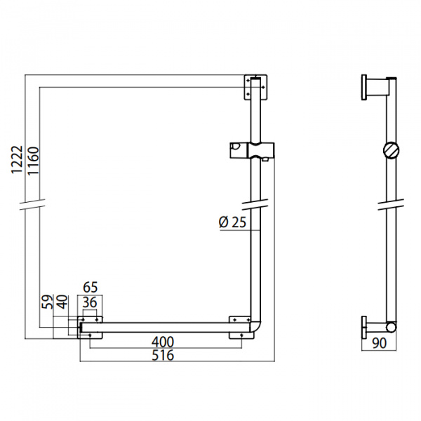 EMCO System2 Правый поручень для откидного сиденья, изогнутый угол 90°, подвесной, цвет: хром