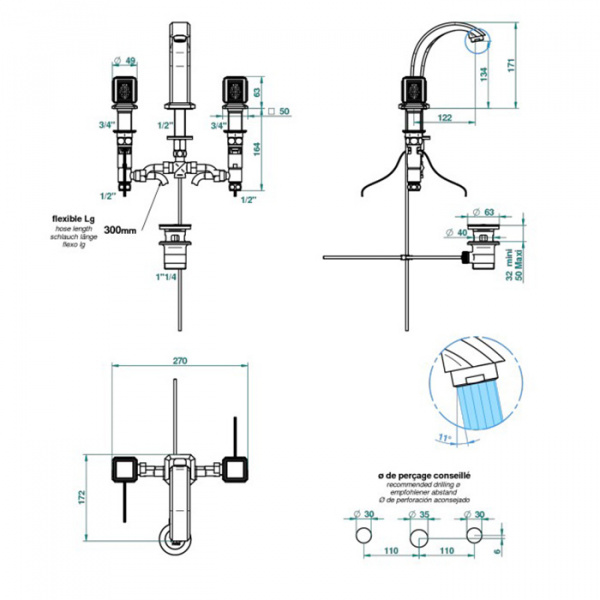 THG Métropolis cristal clair Смеситель для раковины на 3 отверстия, ручки с подсветкой, с донным клапаном, цвет: хром