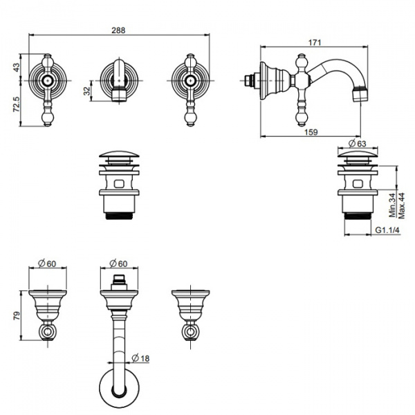 Carlo Frattini Epoque, Cмеситель настенный на 3 отверстия, цвет: Хром
