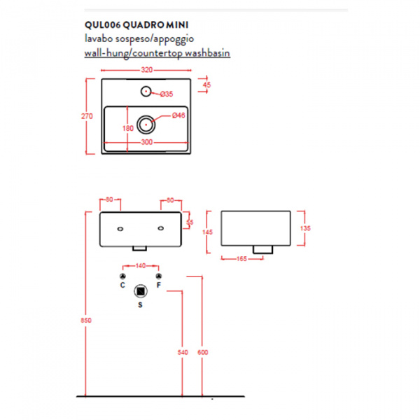 Artceram QUADRO MINI Раковина 32x27 см, 1 отв., цвет: белый