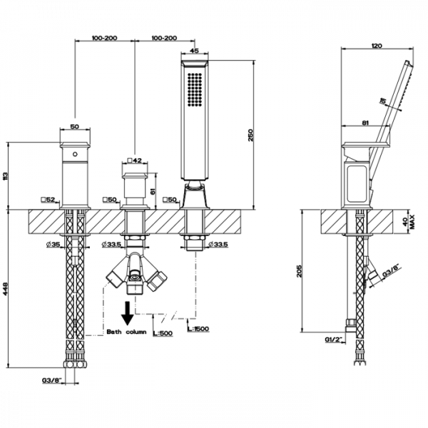 Gessi Eleganza Смеситель для ванны на 3 отверстия, с переключателем и ручным душем, без излива, цвет: хром