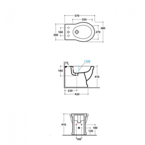 Globo Paestum Биде напольное пристенное 57х38см с 3 отв. под смеситель, с комплектом креплений, цвет: белый