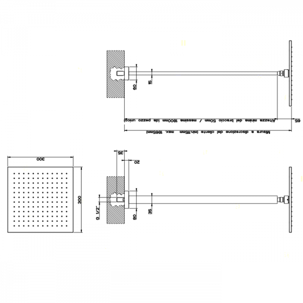 Gessi Rettangolo Верхний душ для потолочного крепления 300x300мм, высота от 115 до 1865мм, цвет: хром