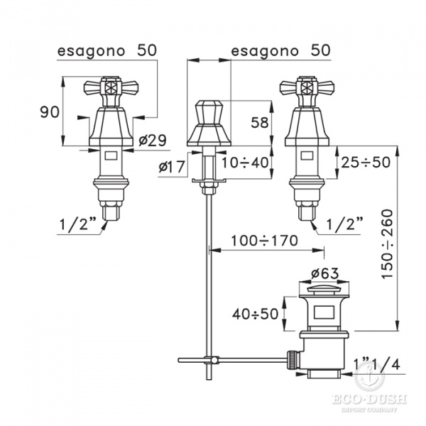 Stella Eccelsa Смеситель для биде на 3 отверстия 3600, без излива, с донным клапаном, цвет: золото