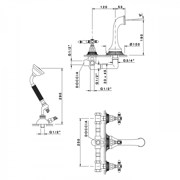 Nicolazzi Impero Смеситель для ванны с изливом из стены на 4 отверстия, встраиваемый, излив: 180 мм, цвет: хром
