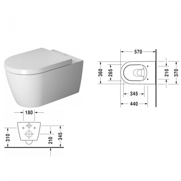 Duravit ME by Starck Унитаз подвесной с вертикальным смывом, вкл. крепление Durafix, 4,5 л., 37x57см, Цвет: Белый