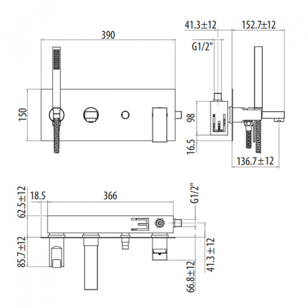 Gattoni Kubik Смеситель для ванны/душа встраиваемый с ручной лейкой, цвет: bianco opaco