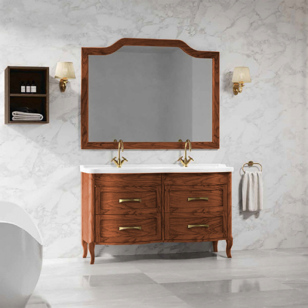 EBAN Rachele Комплект мебели: база под раковину с доводчиками Blum, с двойной раковиной, ручки золото, 140 см, Цвет: NOCE