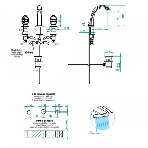 THG Cheverny Lapis Lazuli Смеситель для раковины, 3 отв., цвет: золото/лазурит