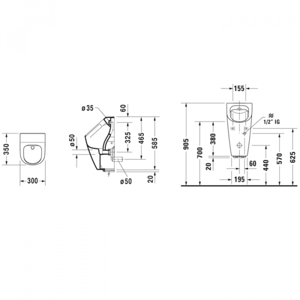 Duravit ME by Starck Писсуар Rimless электронный писсуар с питанием от батареек, без смывного края, подача воды сзади, с вытяжкой, сток горизонтальный (без мушки)
