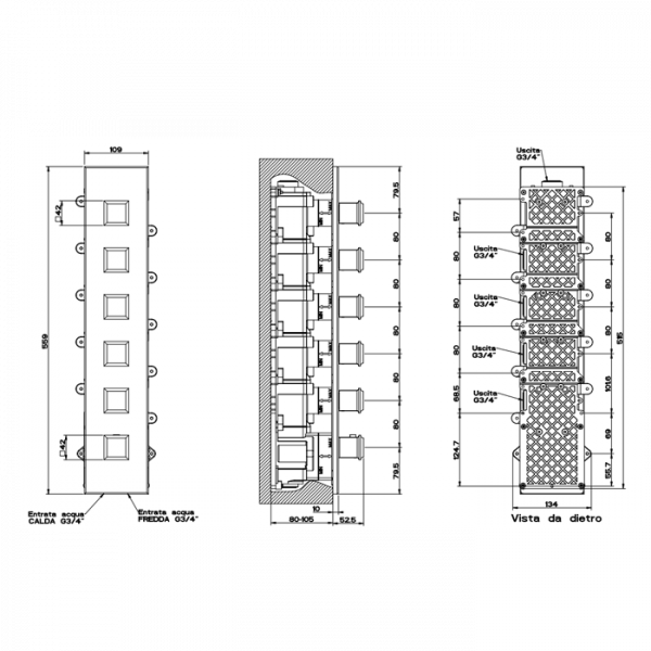 Gessi Eleganza Встраиваемый термостатический смеситель, подключение на 3/4”, с 5ю независимыми выходами, внешняя часть, цвет: хром