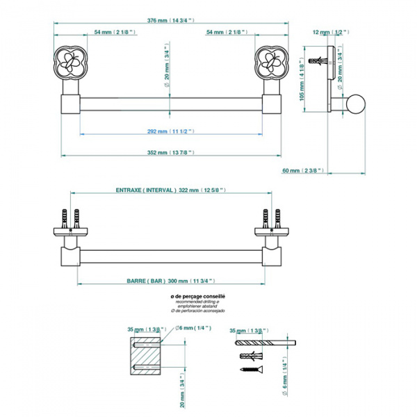 THG CAPUCINE VERT DECOR PLATINE Полотенцедержатель 30см., декор зеленый, цвет: хром