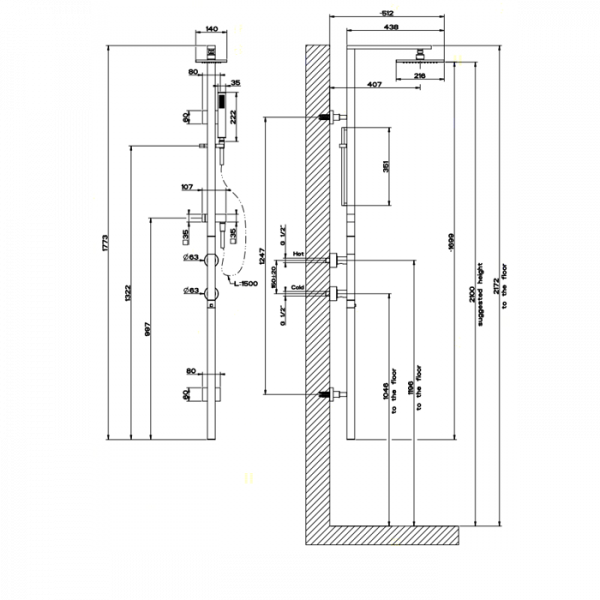 Gessi Rettangolo Термостатический смеситель с верхним душем, авт.переключателем ванна/душ, регулируемой лейкой и шлангом 1,5м, высота 1774мм, цвет: хром