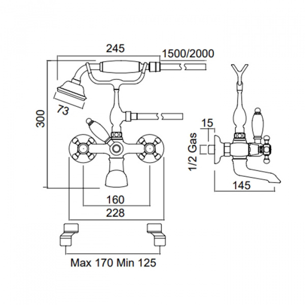 Sbordoni Londra Смеситель для ванны настенный с ручным душем и гибким шлангом, цвет: бронза