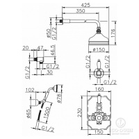 HUBER Victorian Комплект:термостатический смеситель с запорным вентилем,переключатель,верхний душ Easy Clean,ручной душ со шлангом на держателе,вывод,
