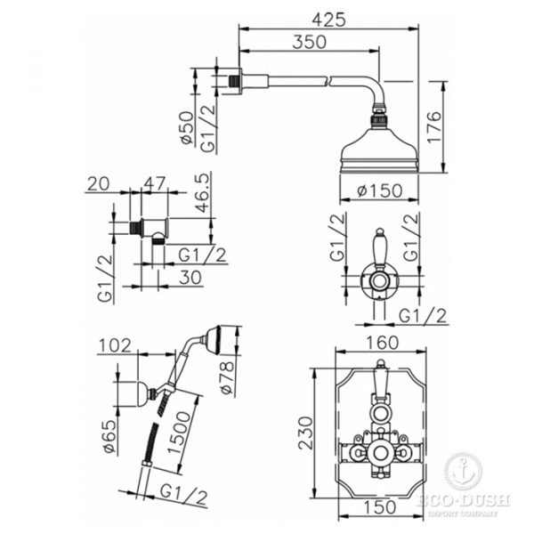 HUBER Victorian Комплект:термостатический смеситель с запорным вентилем,переключатель,верхний душ Easy Clean,ручной душ со шлангом на держателе,вывод,