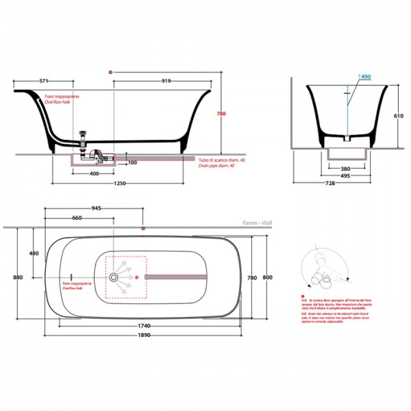 Globo Relais Ванна отдельностоящая 185x85x58 см