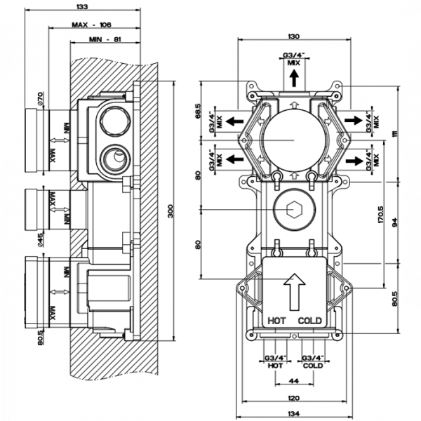 Gessi Внутренняя часть встраиваемого термостатического смесителя с 5ю выходами и селектором