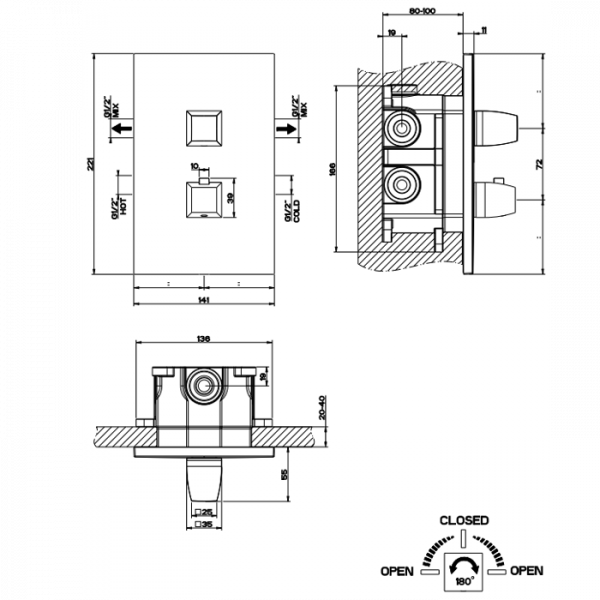 Gessi Mimi Термостатический смеситель с подключением на 3/4”, 2 выхода, внешняя часть, цвет: хром