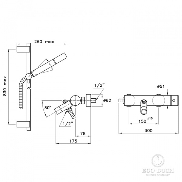 Stella Bamboo Смеситель для ванны 3267/302-6 со штангой и ручным душем, цвет: хром