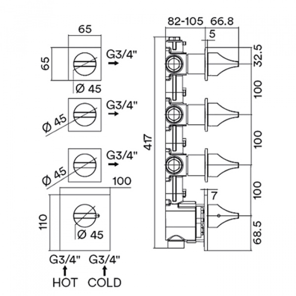 Bossini Apice Смеситель для душа встраиваемый, термостатический, 3 запорных вентиля, внешняя часть, цвет хром