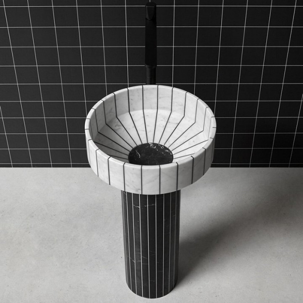 Antonio Lupi 024 Раковина 45х85 см, без отв., напольная, слив в пол, с сифоном, гибким шлангом и донным клапаном, пьедестал Nero Marquinia, цвет: Carrara