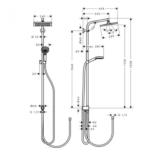 Hansgrohe Crometta E Душевая стойка с верхним душем 24см, ручным душем и шлангом 150см, цвет: хром