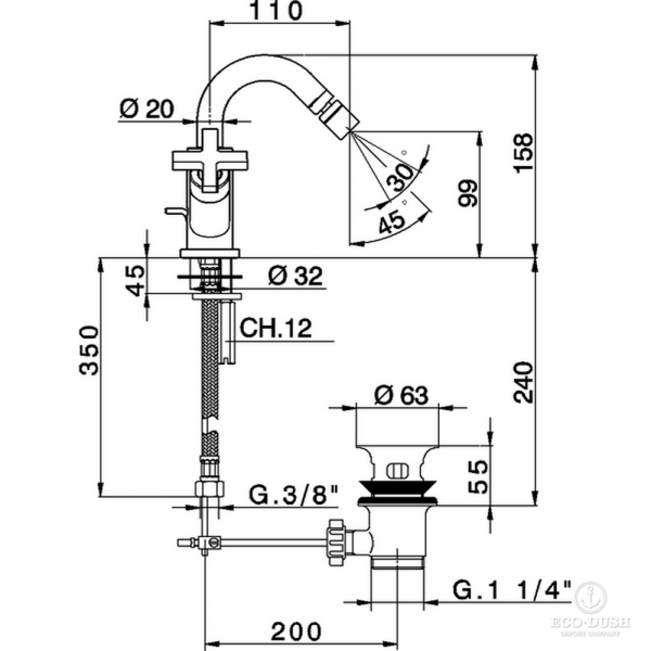 CISAL Barcelona Quad Смеситель двухвентильный для биде на 1 отверстие с донным клапаном, цвет: хром