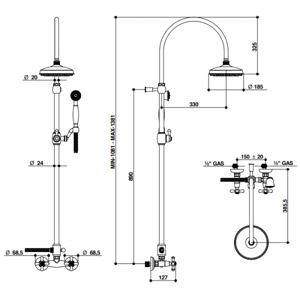 Bongio Axel Душевая стойка со смесителем, верхним душем 185 мм, ручной лейкой, цвет: бронза